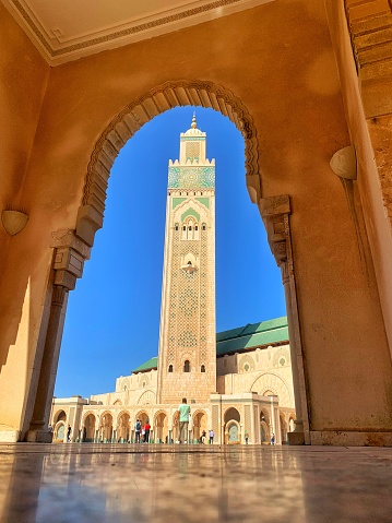 Casablanca, Morocco - 02 November 2023: Panoramique view Hassan II Mosque  View of a peoples walking at Hassan II Mosque.