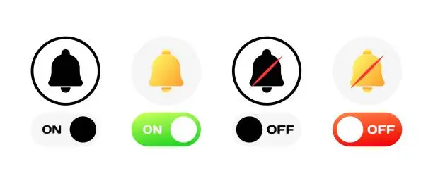 Vector illustration of Turn notifications on or off. Different styles, colors, enable notifications, disable notifications, bell icons. Vector icons