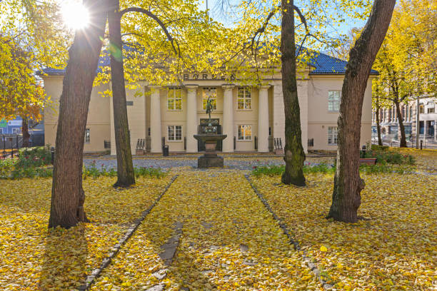 Oslo Stock Exchange Norway Oslo, Norway - October 29, 2016: Yellow Leaves Foliage at Garden of Oslo Stock Exchange Borsen Building at Autumn Day. norway autumn oslo tree stock pictures, royalty-free photos & images