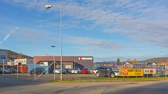 Drammen, Norway - October 30, 2016: Electric Vehicles Tesla Service Center Auto Machine Shop Building.