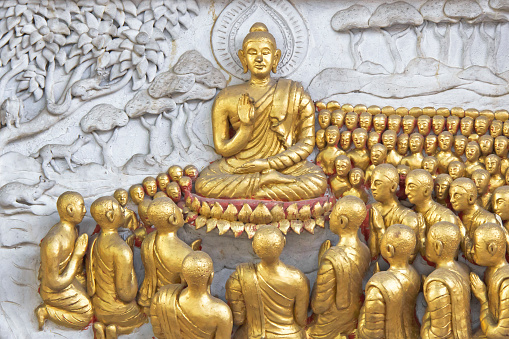 The Life of the Buddha, Siddhartha Gautama. Buddha with disciples, teaching. The Buddha exhorted His first sixty Arahant disciples to go forth in different directions to preach the Doctrine. Chau Doc