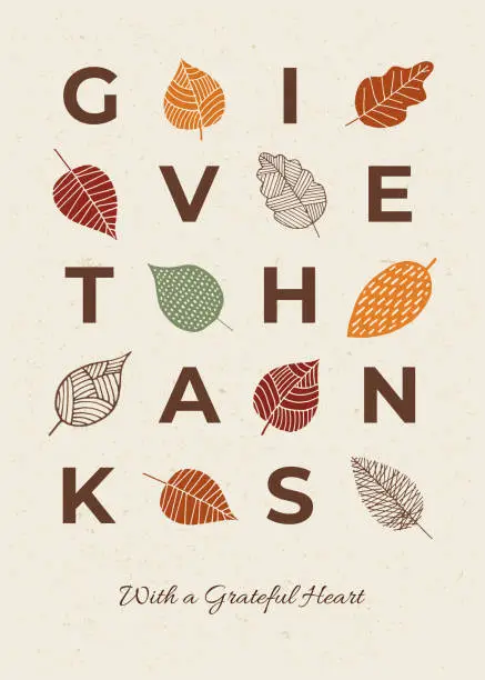 Vector illustration of Happy Thanksgiving card with autumn leaves.