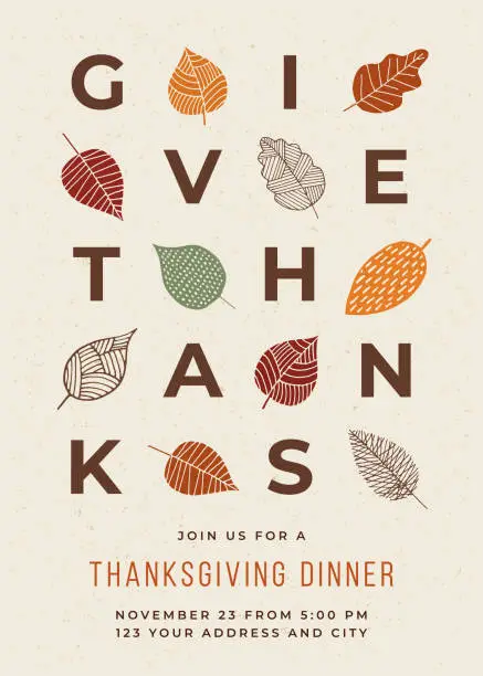 Vector illustration of Thanksgiving Dinner Invitation with leaves.