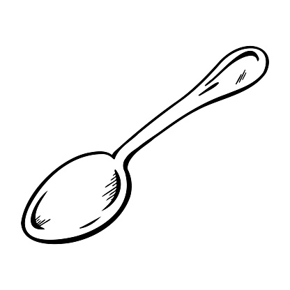 Vector sketch of an empty metallic spoon in a rustic style. Essential kitchen utensil, perfect for table settings and culinary-themed designs. Includes dessert and measuring spoons for sugar and salt.