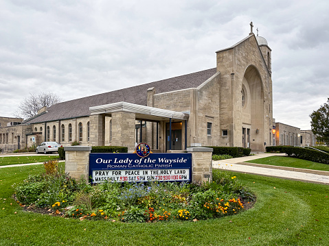 Arlington Heights, Illinois, USA - October 29, 2023: Sign at Our Lady of the Wayside Catholic Church encouraging people to pray for peace in the Holy Land