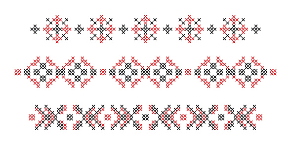 Ukrainian embroidery geometric ornament with stitches and crosses, pattern lines. Embroidered border, frame decorative element. Traditional national Ukrainian red and black embroidery border line set.