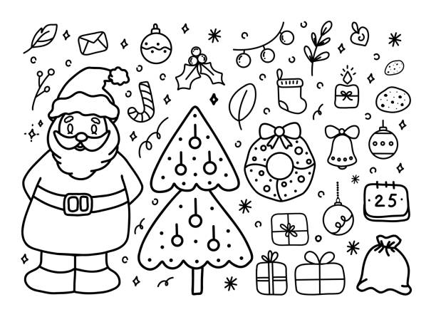 illustrations, cliparts, dessins animés et icônes de ensemble d’éléments cosy pour noël. éléments vectoriels dans le style doodle. couronne, bougie, père noël, arbre, canne de bonbon, biscuit, flocon de neige, cloche, boîte-cadeau. - leaf poinsettia bell celebration