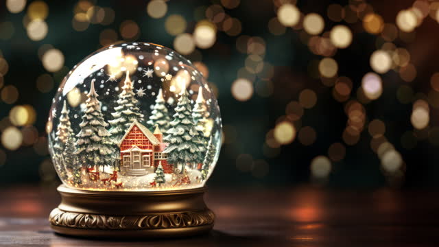 The snow globe's base is adorned with intricate silver and gold designs, adding a touch of elegance to the overall design.