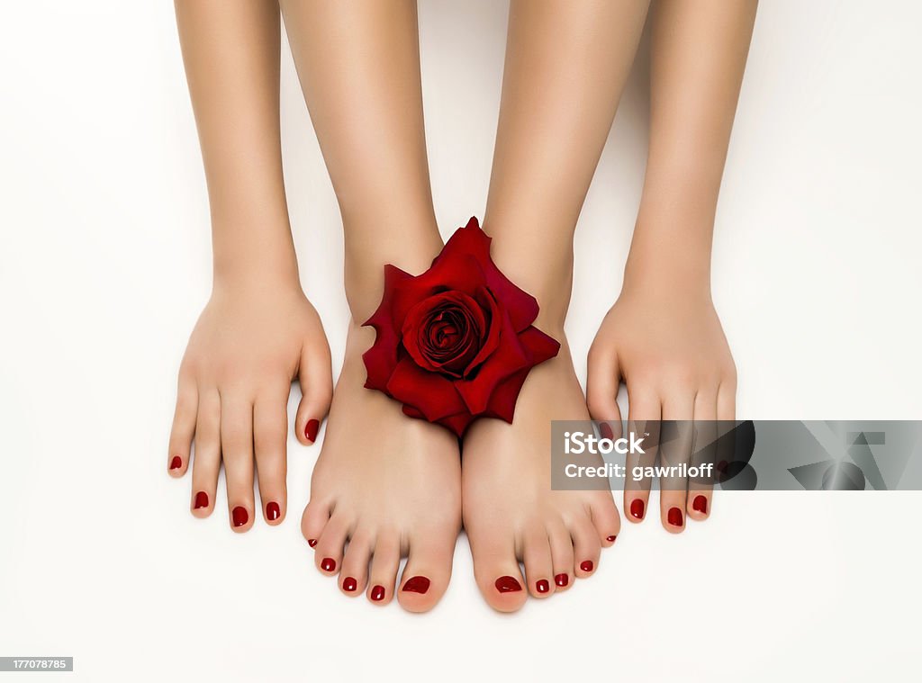 Linda manicure e pedicure com um rosa - Foto de stock de Adulto royalty-free