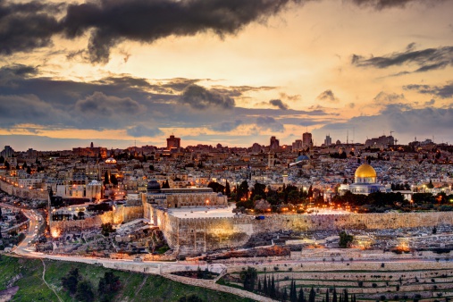 Skyline of the Old City and Temple Mount in Jerusalem, Israel.