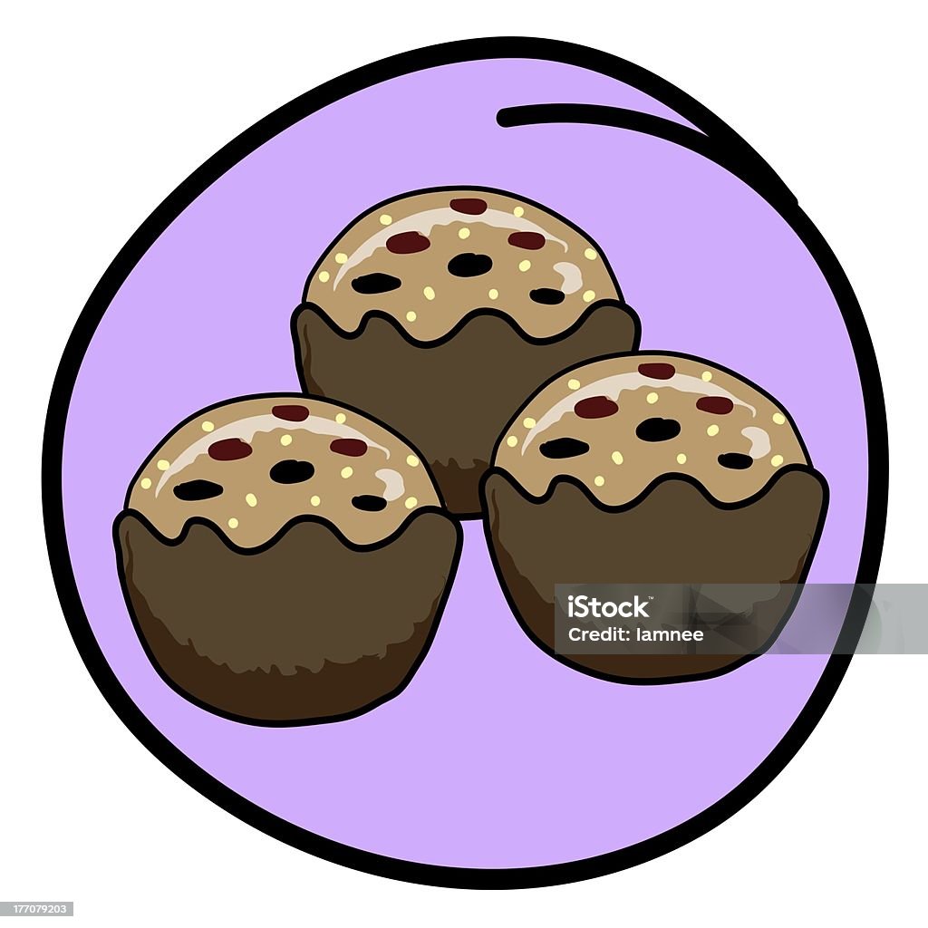 Brown Muffin on Round Purple Background Food and Bakery, A Cartoon Illustration Three Freshly Baked Berries Muffin Icon in Purple Circle Frame Art And Craft stock illustration