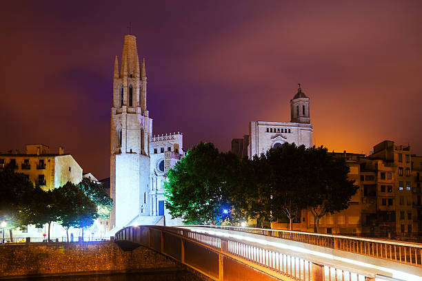 night view of Girona - Collegiate Church of Sant Feliu. Catalonia, Spain