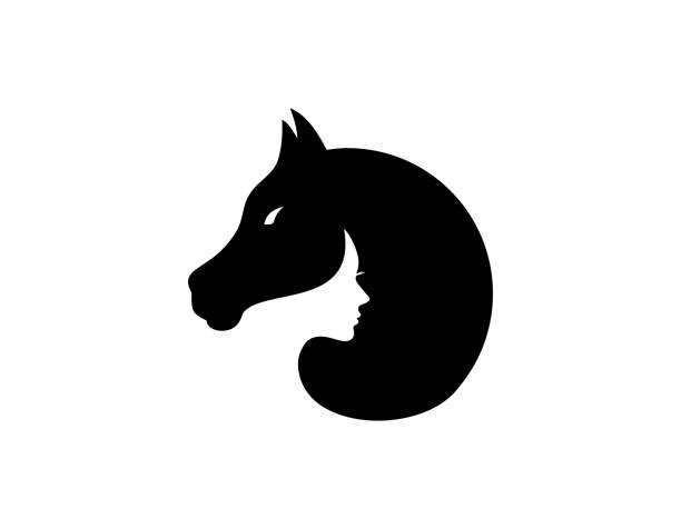 woman and horse head black and white vector silhouette stock illustration Woman and horse head black and white vector silhouette design horse outlines silhouette stock illustrations