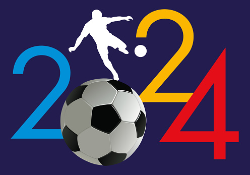 Greeting card 2024 on the concept of sport with a ball as a symbol to present a football event or competition.