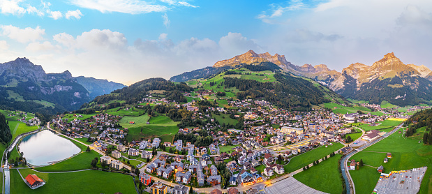 Engelberg, Switzerland panorama in the alps at twilight.