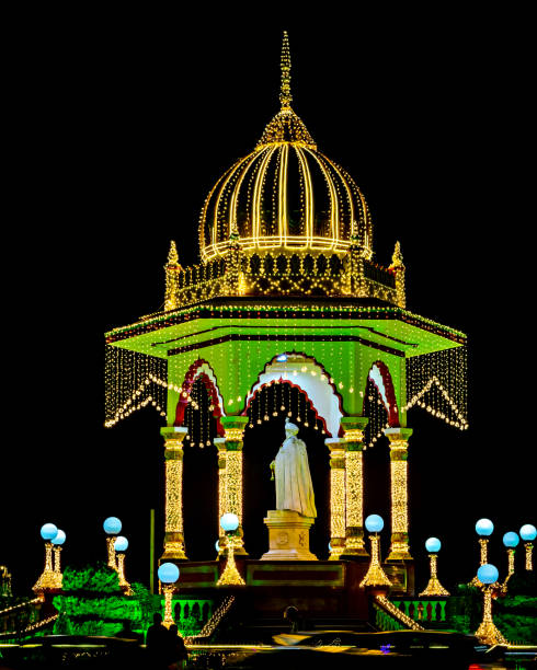 istock Chamarajendra Wadiyar statue illuminated with multiple colorful LED lights on the occasion of Dussehra in Mysore, India. 1770817037