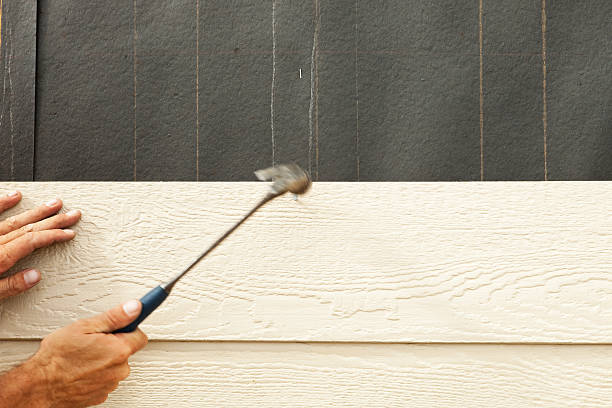 Builder Installing House Siding onto Tar Paper Covered Wall stock photo