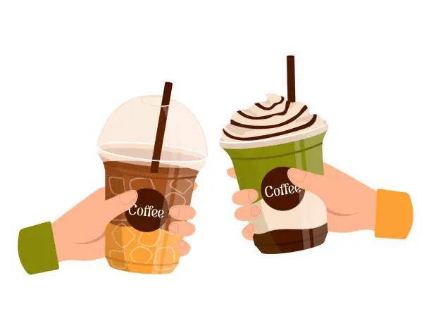 Vector illustration of Two hands with plastic glasses with cold drinks. Take away. Vector graphic.