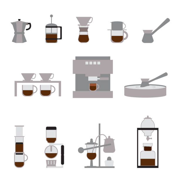 ekspres do kawy, zestaw elementów do kawy i ikony ekspresów do kawy - espresso coffee coffee maker italian culture stock illustrations