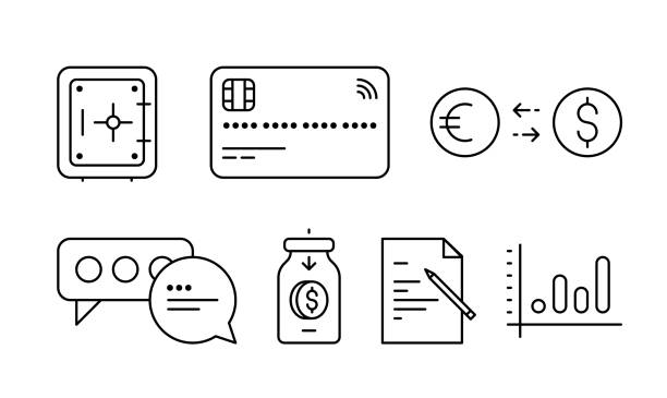 zestaw ikon konturu wektora bankowego. skarbiec, karta kredytowa, wymiana, statystyki, zapisywanie, wsparcie, umowa. - bank symbol computer icon european union euro note stock illustrations