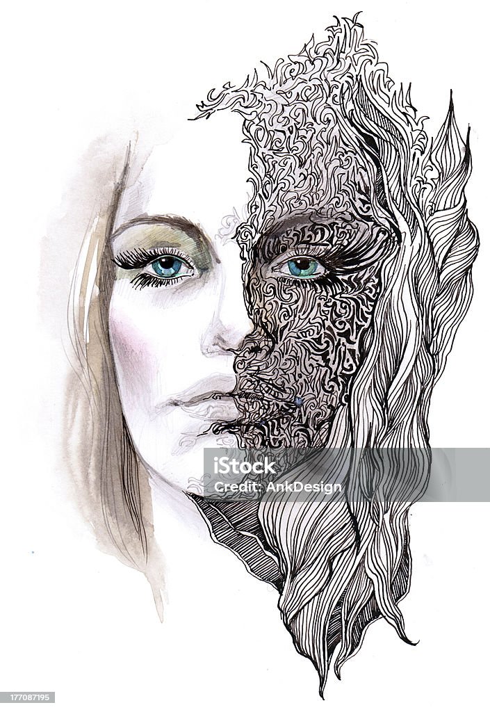 abstract decorated face "beautiful woman, half of her face is young and half is old or covered with cream" Adult stock illustration