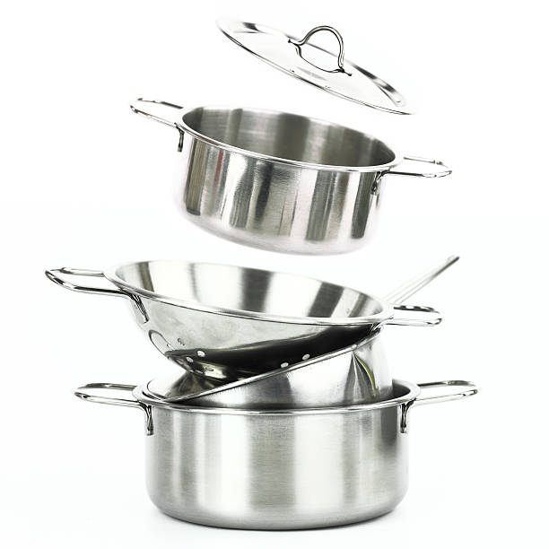 istock Stack of metal pots and pans on a white background 177087279