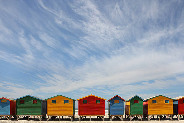 Colorful painted south african beach houses in Cape Town stock photo