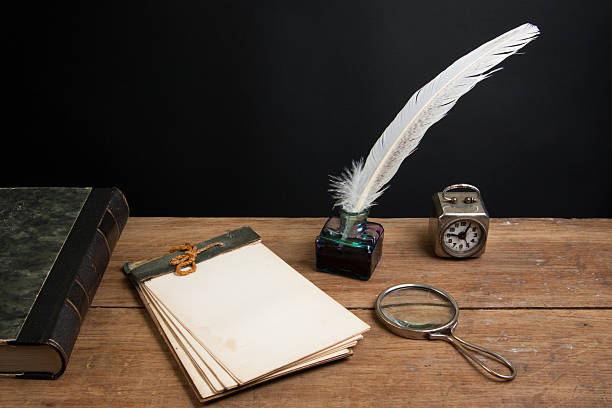 istock Antique notepad, book, quill and inkwell, magnifying glass, vintage clock 177087933