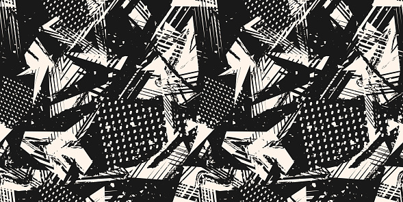 Abstract monochrome grunge seamless pattern. Urban art texture with paint splashes, chaotic shapes, lines, dots, patches. Sport graffiti style vector background. Black and white repeat sporty design