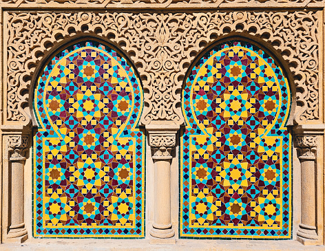 beautiful Moroccan Colorful zellige tiles pattern - Mosaic pattern, traditional Islamic  Moroccan geometric design. craft, handmade.
