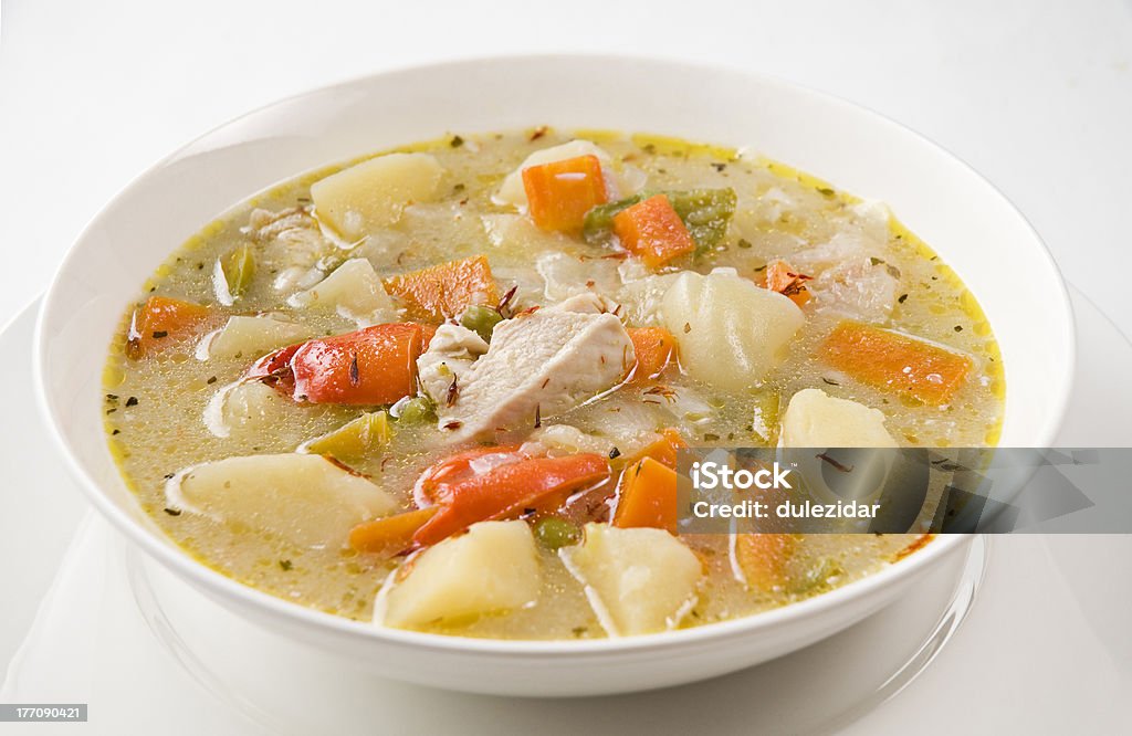 Vegetable soup Fresh vegetable soup with chicken close up Appetizer Stock Photo