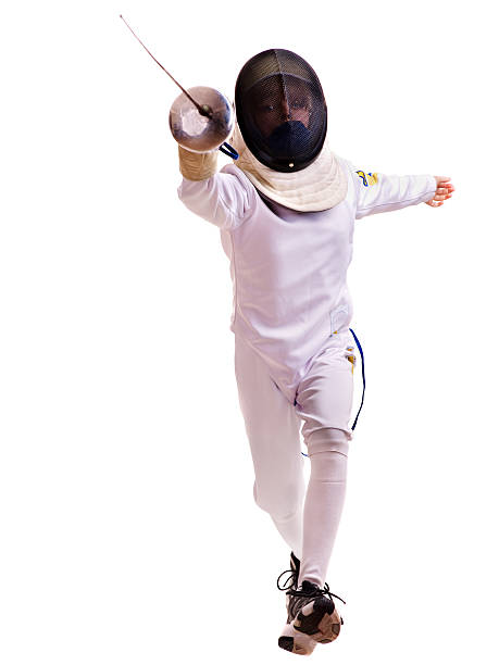 Child epee fencing lunge. stock photo