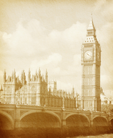 Buildings of Parliament with Big Ben in London. Vintage paper texture.More images: