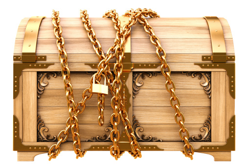 old wooden chest in chains isolated on white.