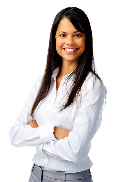 Young businesswoman crossing arms in white shirt Confident hispanic woman in white blouse, isolated on white white long sleeve shirt stock pictures, royalty-free photos & images