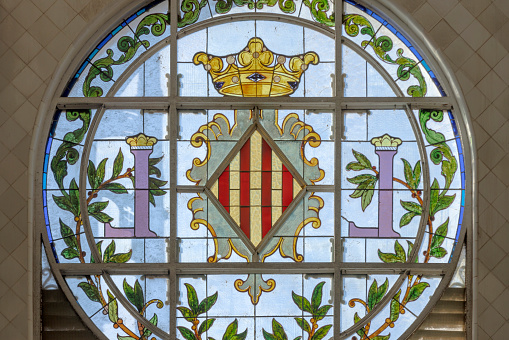 Traditional Ottoman-patterned stained glass window at Sirkeci train station in Istanbul. Orient Express, Istanbul, Turkey.