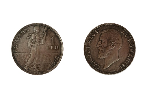 1 Leu 1912 Carol I. Coin of  Romania. Obverse Bearded head left. Reverse Standing figure walking right