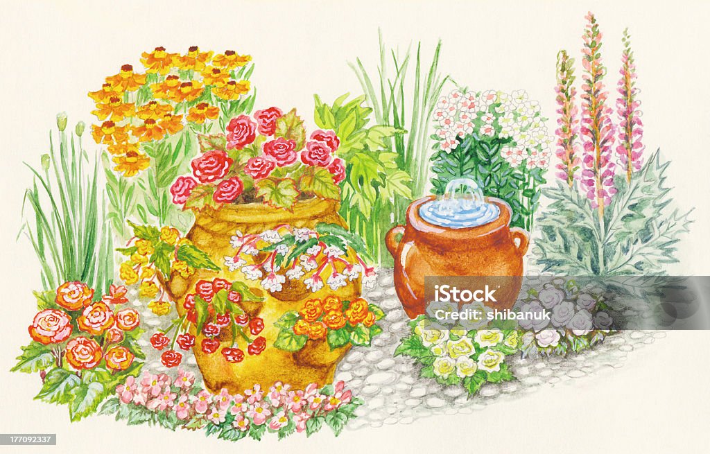 庭デザインのフラワーベッドと小さな噴水 flowerpot - 水彩画のロイヤリティフリーストックイラストレーション