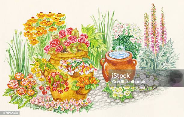 庭デザインのフラワーベッドと小さな噴水 Flowerpot - 水彩画のベクターアート素材や画像を多数ご用意 - 水彩画, Aquatic Sedge, ゼラニウム