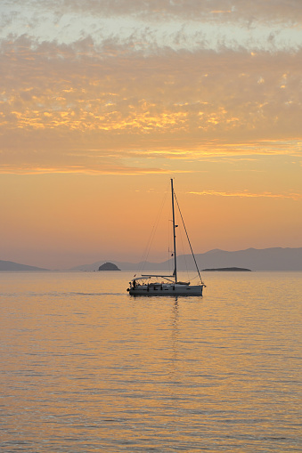 sunset and sailing boat. Turgutreis, Bodrum.