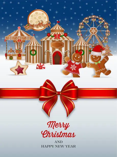 Vector illustration of christmas greeting card with gingerbread landscape. and red bow. christmas poster with gingerbread circus and sleigh in winter background