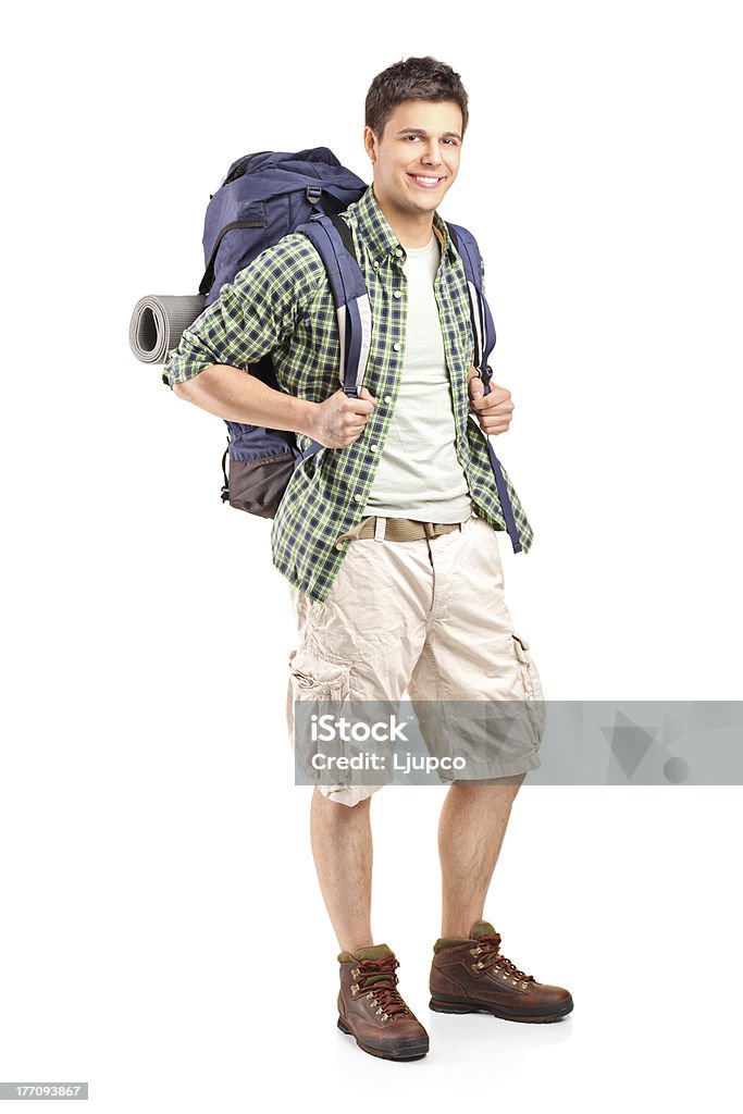 Retrato de excursionistas con una mochila - Foto de stock de Fondo blanco libre de derechos