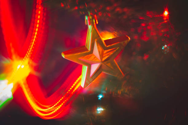 Christmas decorations and colored lights garlands on Christmas tree. Bright lights and highlights against background of Christmas decorations..