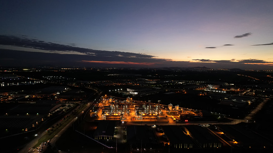 Aerial top view of the industrial park  against twilight