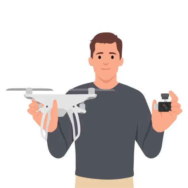 Vector illustration of Drone with controller in hands of man. Isolated personage with unmanned aerial vehicle. Small aircraft with camera.