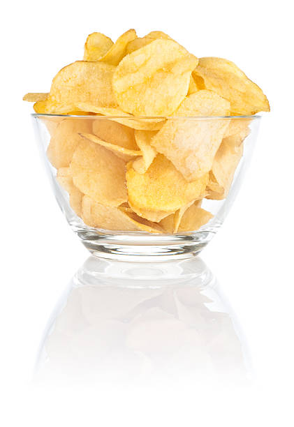 istock Glass bowl of with Pile potato chips on white background 177094597