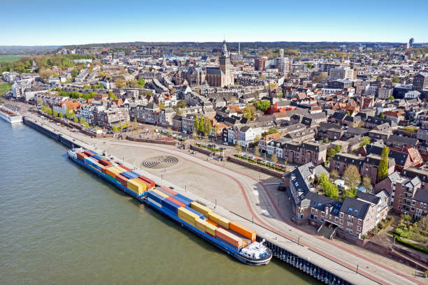 Aerial from the historical city Nijmegen at the river Waal in the Netherlands stock photo