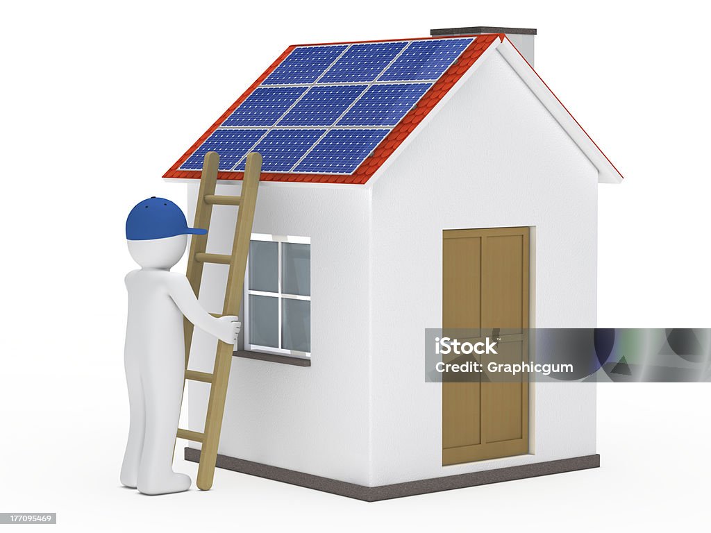 man hold ladder on house man hold ladder on house with solar Adult Stock Photo