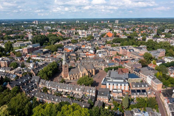 Aerial from the historical city Wageningen in the Netherlands stock photo