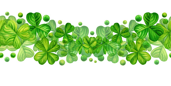 istock Watercolor green shamrock seamless banner for background design illustrations of spring, St Patrick, green grass, summer greenery 1770974228